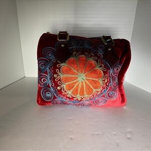 Embroidered Red Velvet Handbag